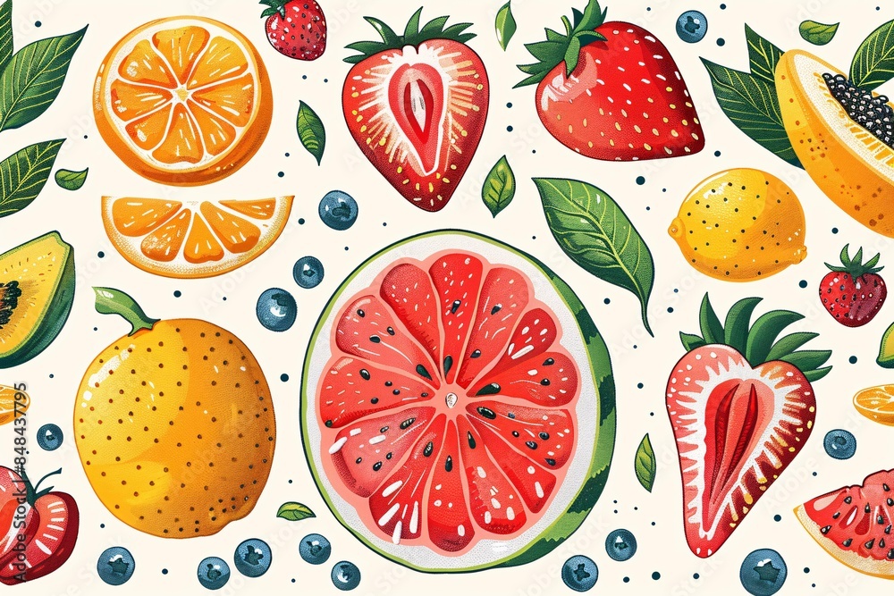 Colorful summer fruits pattern with watermelons and pineapples.
Colorful summer fruits pattern with watermelons and pineapples.