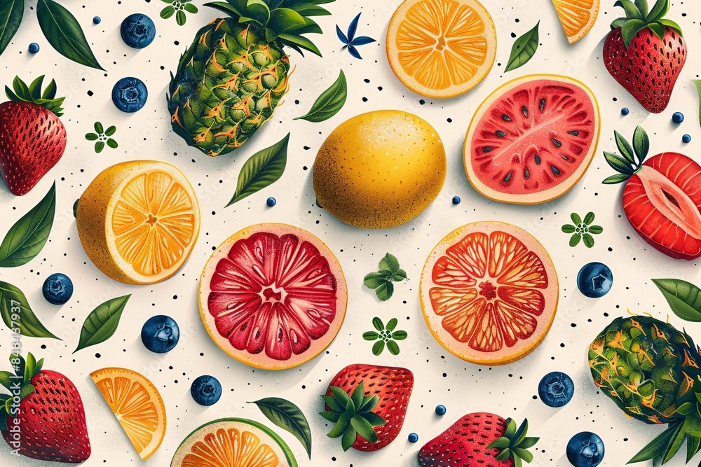 Cheerful summer fruits pattern with bright colors on light background. Cheerful summer fruits pattern with bright colors on light background.