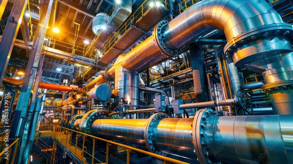 Pipes, tubes, machinery and steam turbine at a power plant background, extra wide. Generative AI