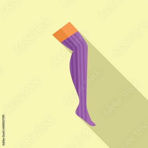 Mannequin leg is modeling purple and white striped stockings in a fashion retail setting