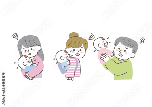 赤ちゃんが泣き止まなくて困っているお父さんお母さんのイラスト