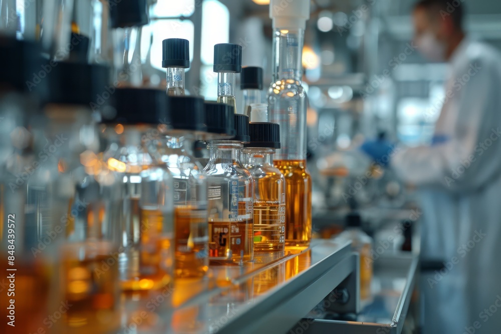 A Row of Glass Bottles Filled With Amber Liquid in a Manufacturing Facility