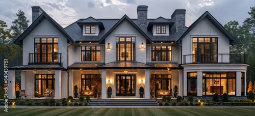 Modern Grey Stone Mansion With Large Windows at Dusk
