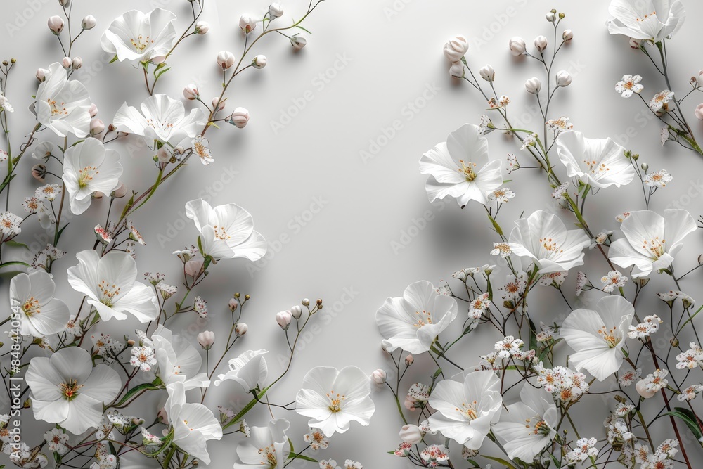 White flowers and buds on a white background, creating an elegant and minimalistic floral frame. White flowers and buds on a white background, creating an elegant and minimalistic floral frame.