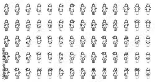 Pregnant woman in different poses as the result of state of health, symptoms, mood, condition during pregnancy. Set of outline icons (thin line vector). Front view. Editable Strokes