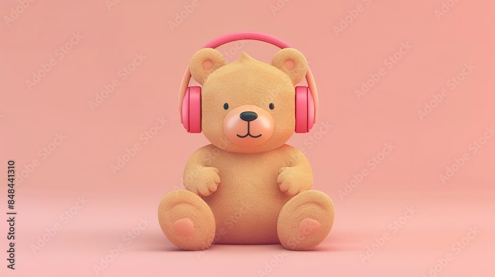 Cute teddy bear wearing pink headphones, sitting on a pink background. Cute teddy bear wearing pink headphones, sitting on a pink background.