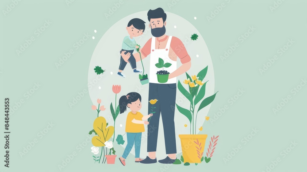 Father gardening with his two children, planting flowers and plants. Father gardening with his two children, planting flowers and plants.