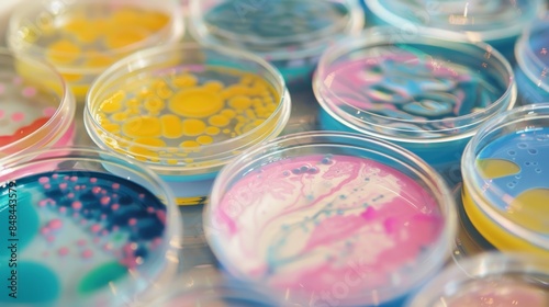 Close-up view of petri dishes featuring colorful bacterial colonies, visually representing microbial growth and scientific exploration