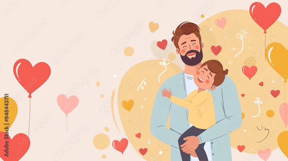 Happy father hugging his son with heart balloons Happy father hugging his son with heart balloons