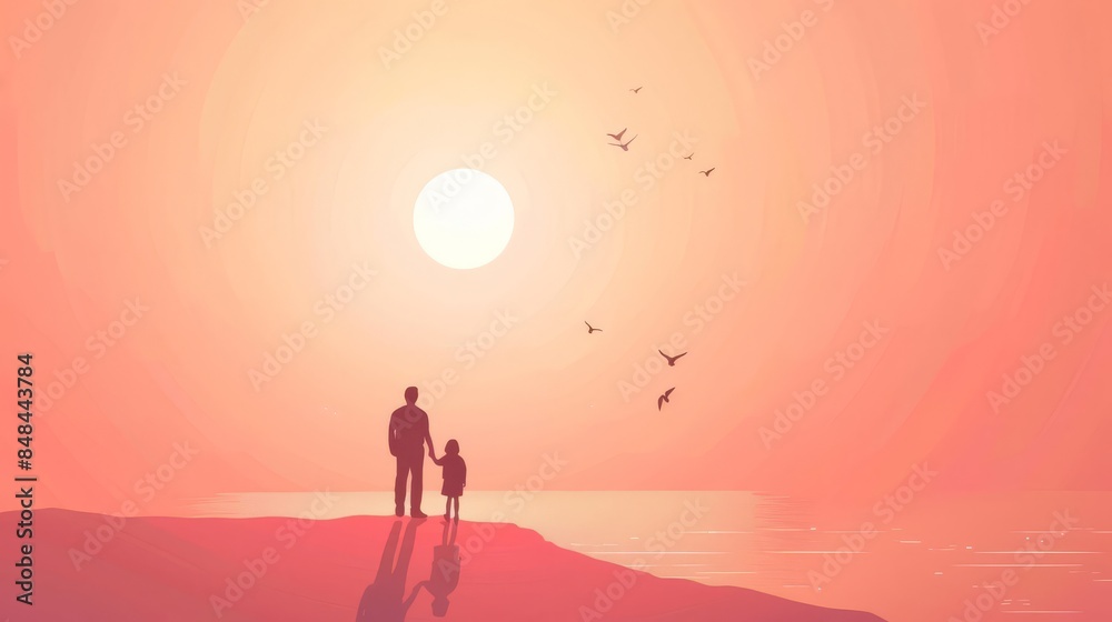 Minimalist flat design of a father and child building a birdhouse, representing mentorship and craftsmanship, with copy space for text Minimalist flat design of a father and child building a birdhouse, representing mentorship and craftsmanship, with copy space for text