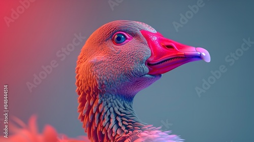 A gooses head is captured in a close-up shot, set against a blurred background of pink and blue hues photo