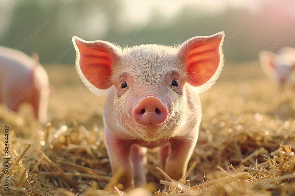 Cute piglet in farm. Happy and healthy small pig. Livestock farming. Cute piglet in farm. Happy and healthy small pig. Livestock farming.