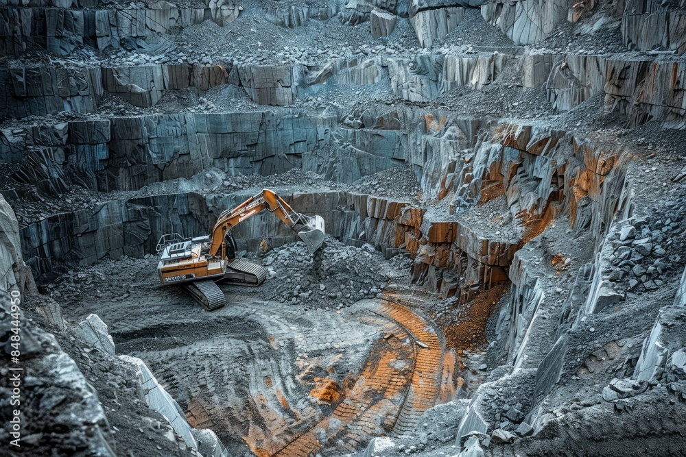 Obraz premium Excavator in a deep quarry mining rock