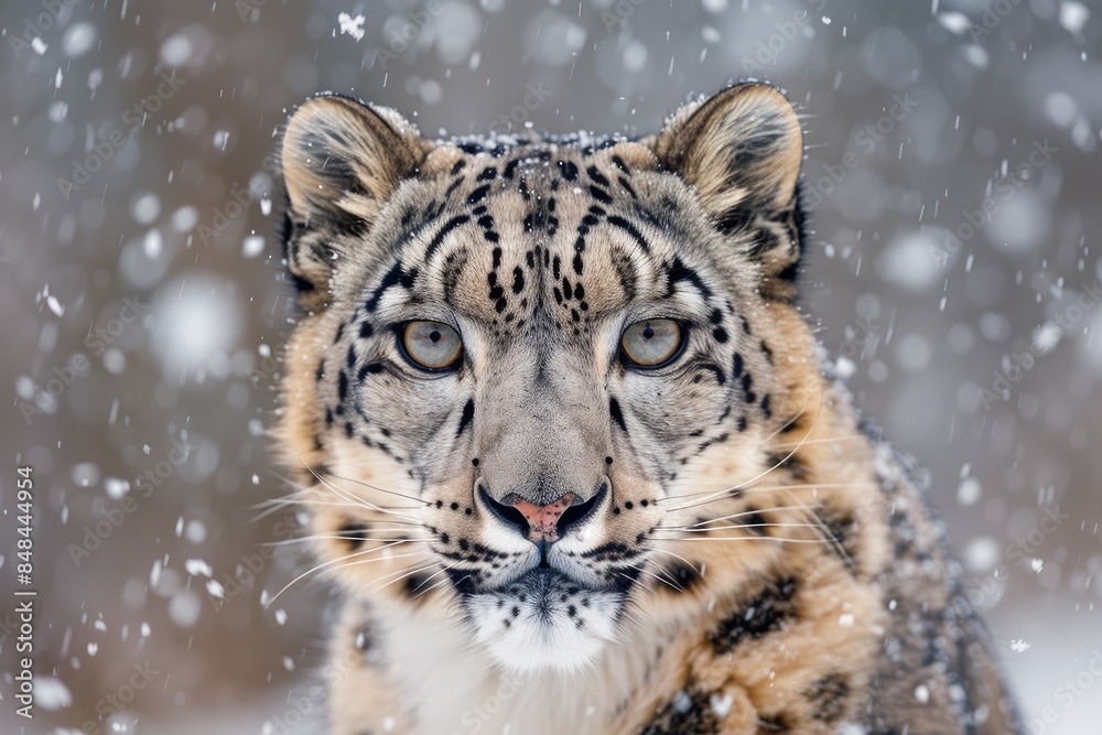 Face portrait of snow leopard on snowy background Face portrait of snow leopard on snowy background