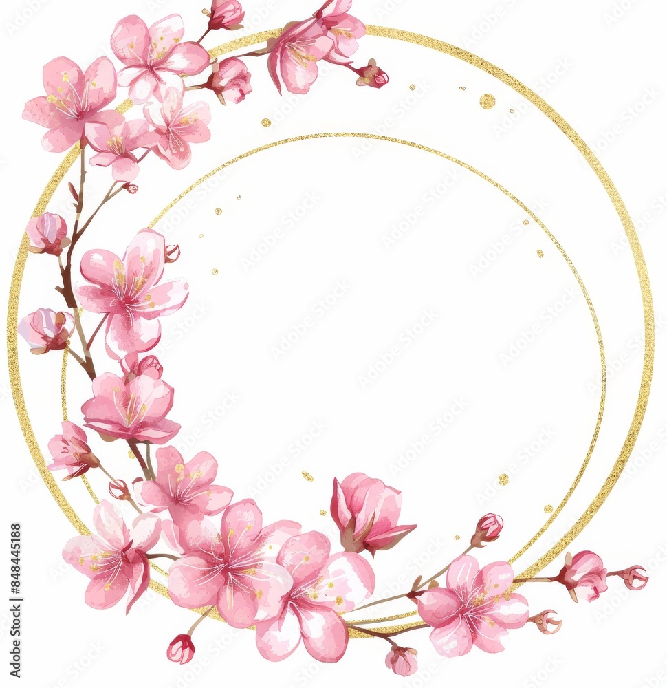 Watercolor gold circle frame with cherry blossoms Watercolor gold circle frame with cherry blossoms