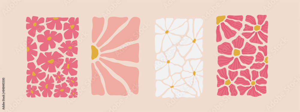 Abstract floral posters template. Modern trendy Matisse minimal style. Pink and white colors. Hand drawn design for wallpaper, wall decor, print, postcards, covers, templates, and banners.