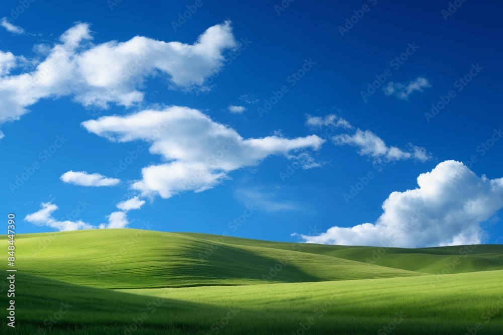 A beautiful summer or spring landscape with green grass on the hills and green fields. The blue sky is filled with white clouds and bright sunlight. Nature as a background. A beautiful summer or spring landscape with green grass on the hills and green fields. The blue sky is filled with white clouds and bright sunlight. Nature as a background.