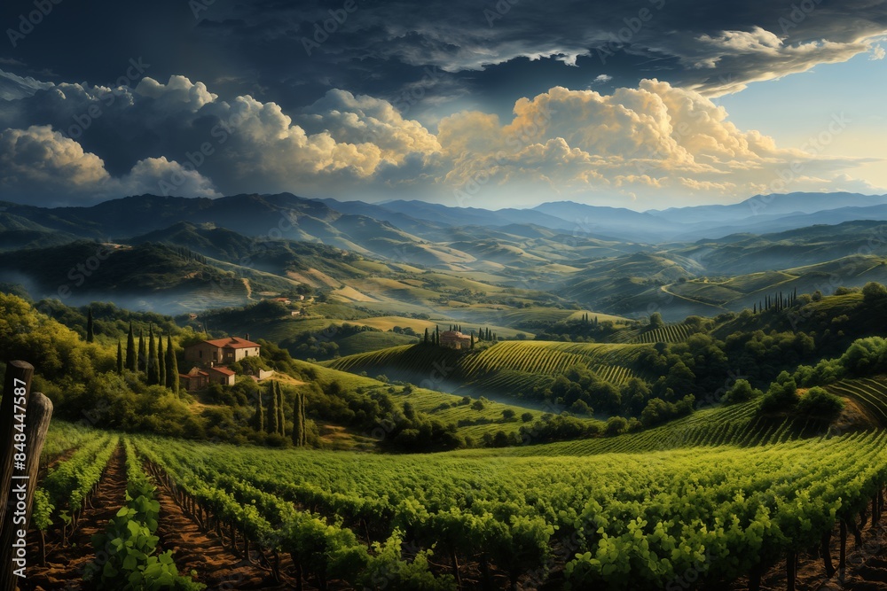 view of the grapes and vineyard, village and valley in the distance, sunset sky, beautiful landscape view of the grapes and vineyard, village and valley in the distance, sunset sky, beautiful landscape
