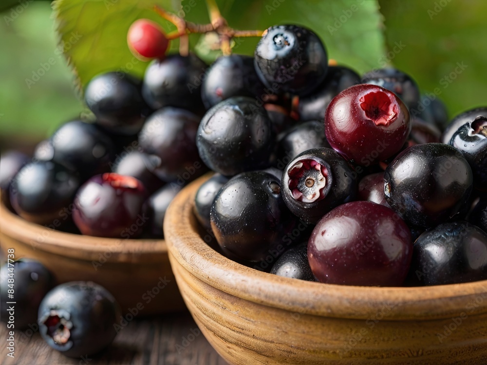 A close-up image of two wooden bowls filled with fresh blackberries and blueberries. The fruit is ripe and ready to eat A close-up image of two wooden bowls filled with fresh blackberries and blueberries. The fruit is ripe and ready to eat
