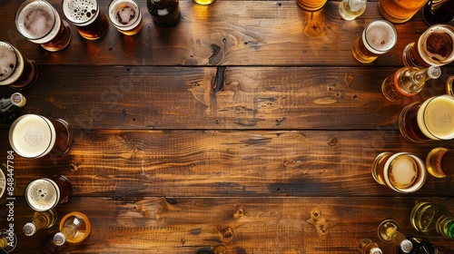 Top View: A top-down view of a variety of freshly made smoothies in different colored glasses, arranged on a rustic wooden table