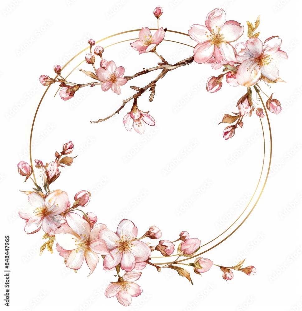 Watercolor gold circle frame with cherry blossoms Watercolor gold circle frame with cherry blossoms