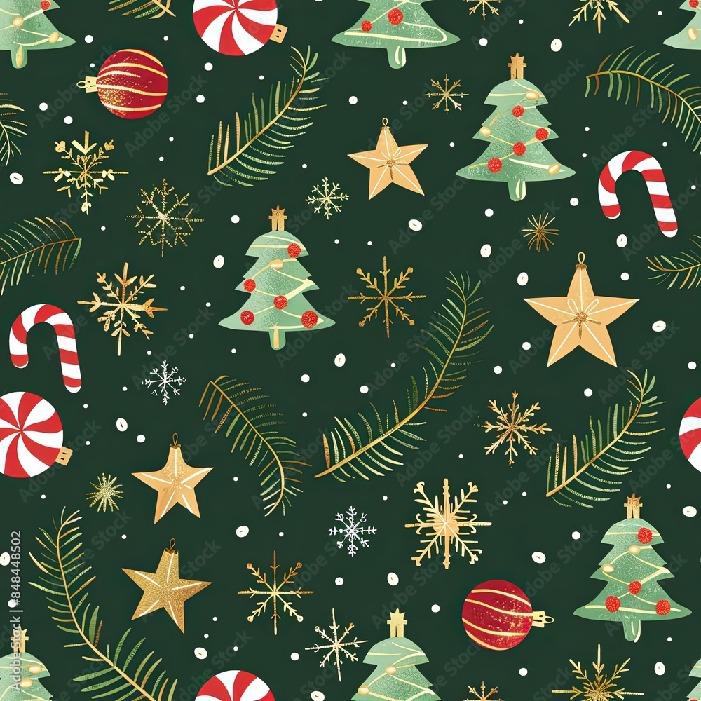 Festive Christmas pattern dark green background trees, ornaments, candy canes, snowflakes, stars Festive Christmas pattern dark green background trees, ornaments, candy canes, snowflakes, stars