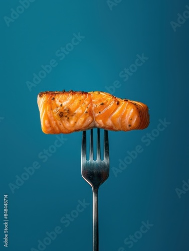 a piece salmon is on a fork