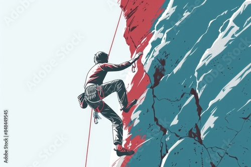 a climbing up a mountain with a rope photo