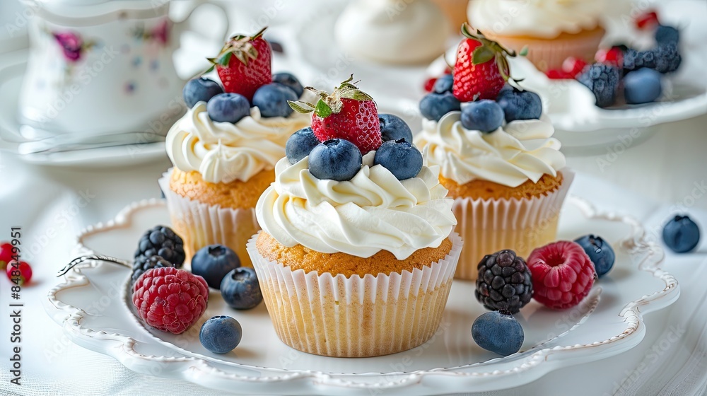 mini pavlova cakes on a white plate, accompanied by a teapot and a glass cup of coffee with milk, all set against a light background and garnished with fresh fruit. mini pavlova cakes on a white plate, accompanied by a teapot and a glass cup of coffee with milk, all set against a light background and garnished with fresh fruit.