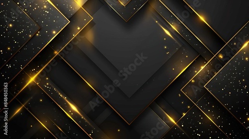 Elegant black and gold abstract background with geometric shapes and sparkling highlights, perfect for luxury designs and digital art.