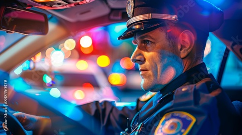 Police Officer in Patrol Car at Night photo