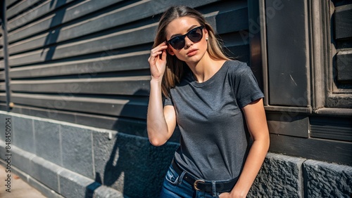 Model wearing plain tshirt and sunglasses posing over street wall, Tshirt mockup.