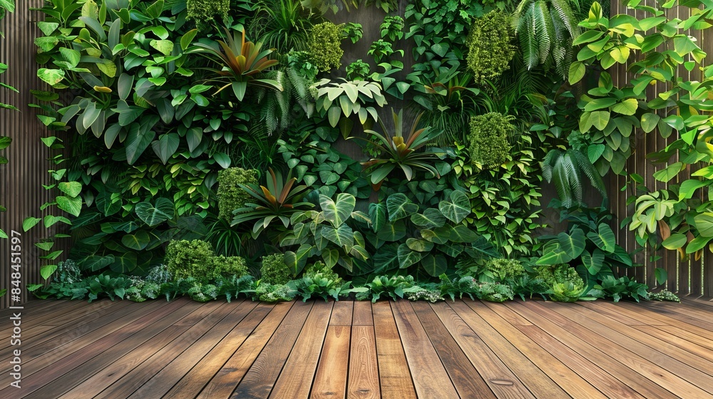 Wooden deck space with vertical garden featuring lush green foliage. Great for nature, outdoor decor, and relaxation themes. Fresh, vibrant scene. Perfect for backgrounds and presentations. AI Wooden deck space with vertical garden featuring lush green foliage. Great for nature, outdoor decor, and relaxation themes. Fresh, vibrant scene. Perfect for backgrounds and presentations. AI