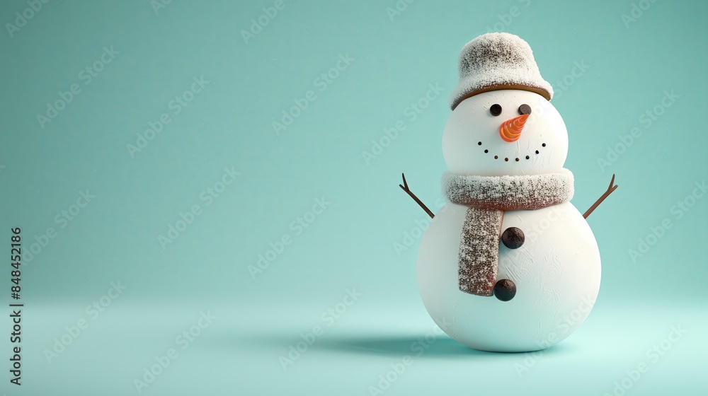 Sideways Snowman Wearing a Hat and Scarf Against a Mint Green Background Sideways Snowman Wearing a Hat and Scarf Against a Mint Green Background