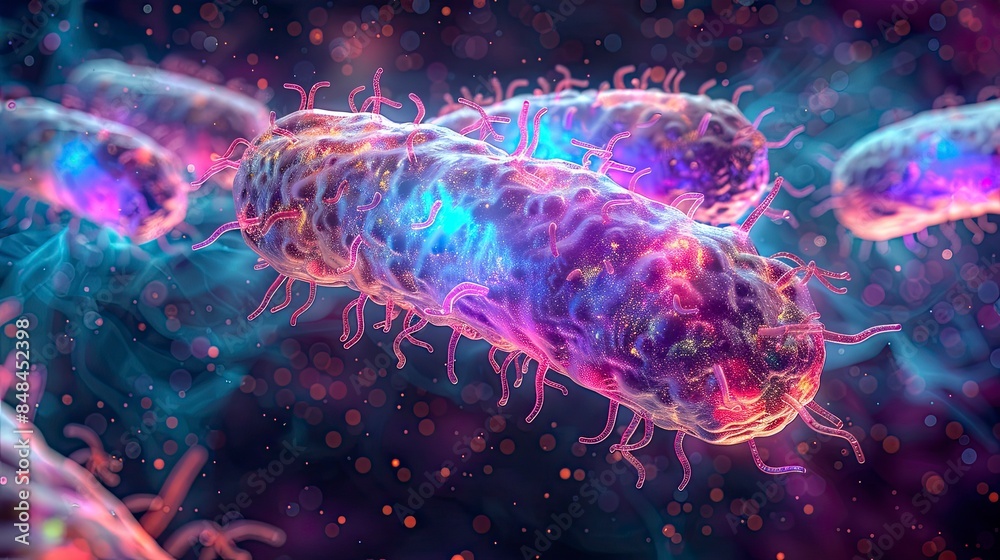 Neon glow Detailed macro image of E. coli bacteria with dark pink and blue hues highlighting their structure. Abstract spots of light are depicted in the background.