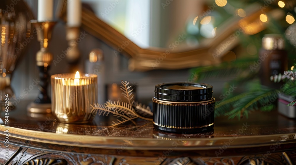Gold Candle and Black Jar on Table
