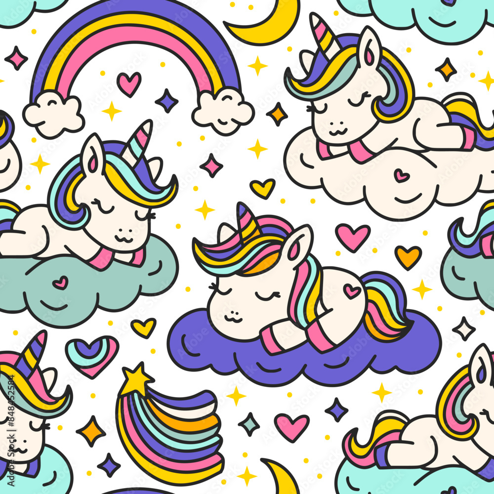 Cute Cartoon Unicorns Seamless Pattern. Unicorn Animal sleeping on a Cloud And Rainbow. Kids Birthday And Baby Shower Vector Cute Cartoon Unicorns Seamless Pattern. Unicorn Animal sleeping on a Cloud And Rainbow. Kids Birthday And Baby Shower Vector