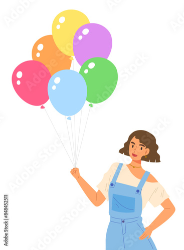 Young girl standing and holding colorful balloons. Concept of happiness, cheerfulness, childhood, optimist and celebration. Cartoon character for card, advertising or banner. Flat vector illustration
