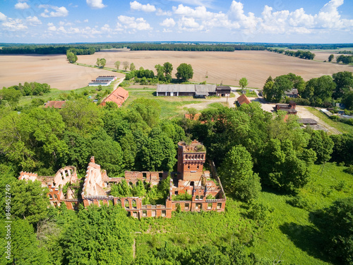 Aerial view of ruins of the von Eulenburg family palace in Prosna, Poland (former Prassen, East Prussia) photo