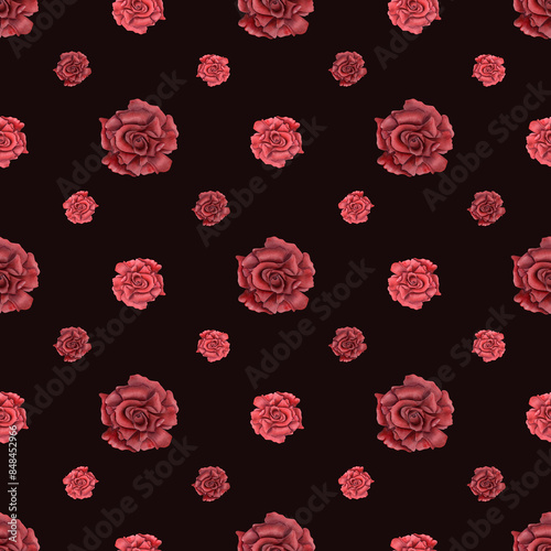 Rose heads. Deep red flowers. Seamless pattern of summer ruby plants. Realistic blooming scarlet roses. Watercolor illustration isolated on black background. For wedding design, memorial day, package