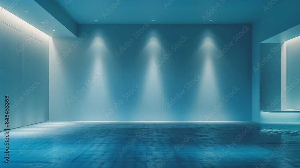 Minimalistic blue empty room with soft lighting and clean lines, a serene space perfect for background use, featuring sleek surfaces and modern design Minimalistic blue empty room with soft lighting and clean lines, a serene space perfect for background use, featuring sleek surfaces and modern design