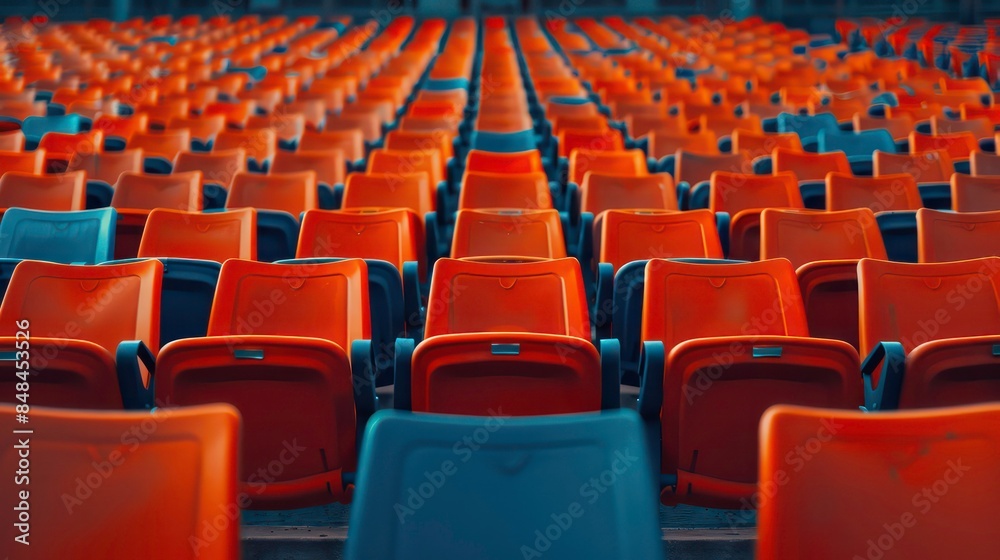 Naklejka premium Siedzenia pomarańczowej trybuny na stadionie sportowym. Pusta arena zewnętrzna. Koncepcja kibiców. Krzesła dla publiczności. Koncepcja środowiska kulturowego. Kolor i symetria. Puste siedzenia. Nowoczesna scena Generative AI