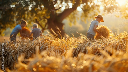 Fototapeta Naklejka Na Ścianę i Meble -  A family working together in a wheat field, children playing with stalks, adults bundling the harvest, all under a large oak tree