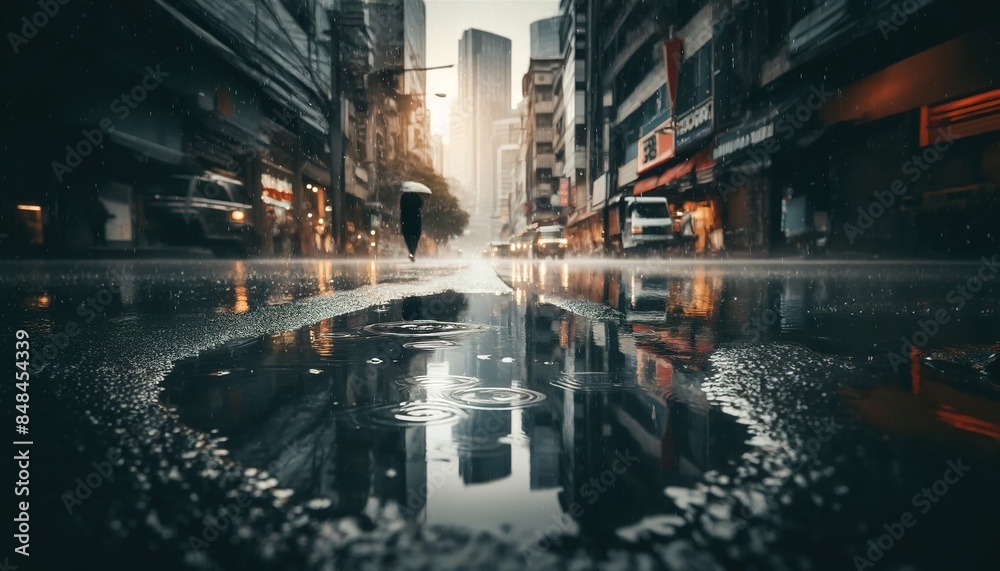 Rain in the city 4 with a puddle in the middle of the street, people with umbrellas and cars, gloomy Rain in the city 4 with a puddle in the middle of the street, people with umbrellas and cars, gloomy
