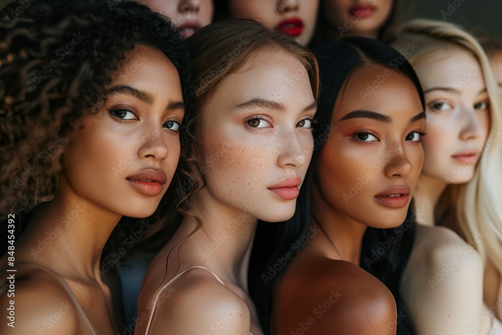Obraz premium Four women with different skin tones and hair styles are shown in a row