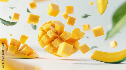 Floating mango cubes concept image. Captured in mid-air, food photography. The fresh and bright view makes it suitable for culinary blogs, recipe illustrations, and healthy diet promotions. AI