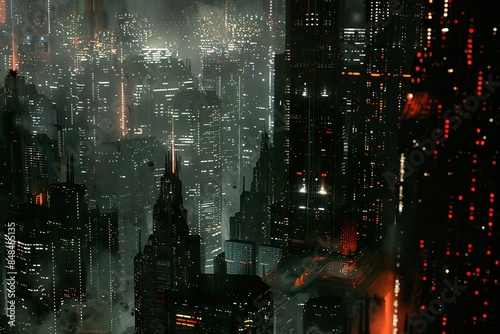 Fototapeta Naklejka Na Ścianę i Meble -  A cityscape with neon lights and rain