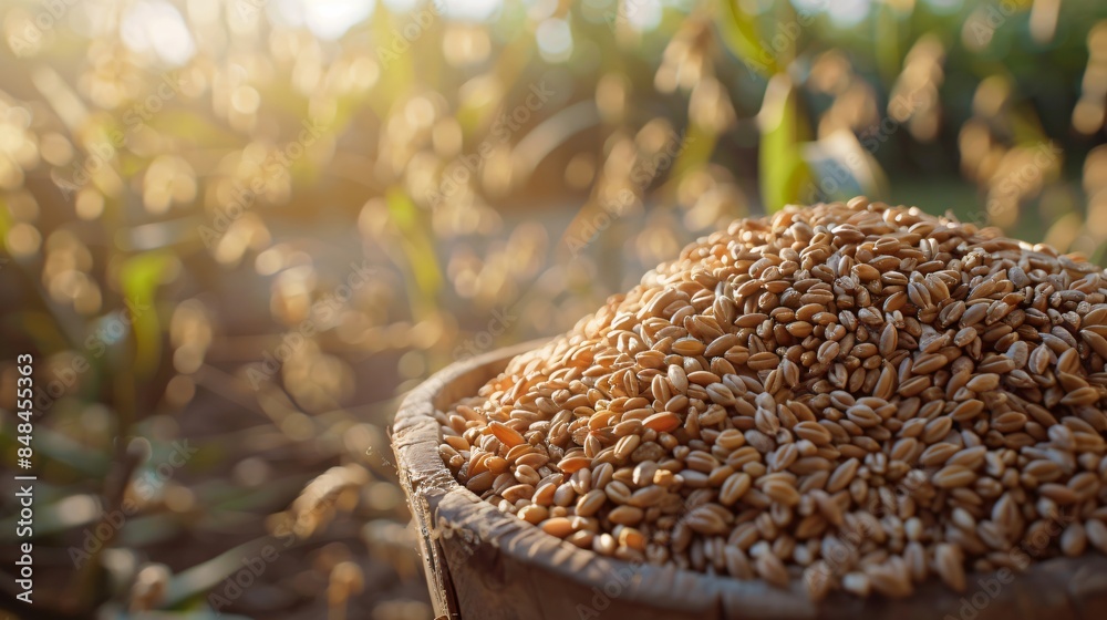 Obraz premium Close up shot of wooden basket full of wheat grains, with a field in the background