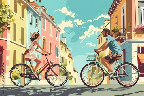 Two people riding bicycles down a street