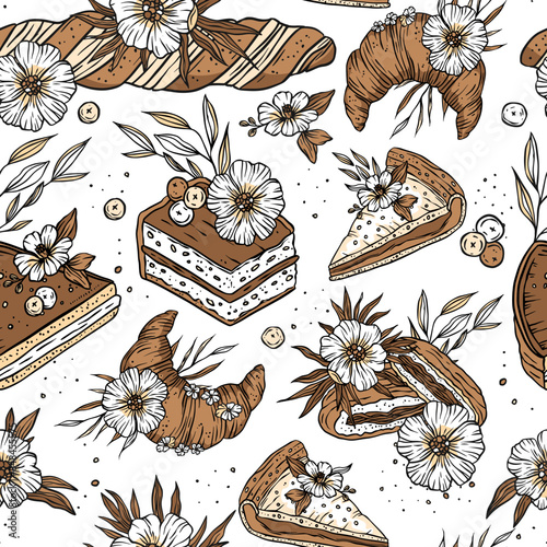 Bakery vintage sweet cake croissant seamless pattern retro cooking food with flowers